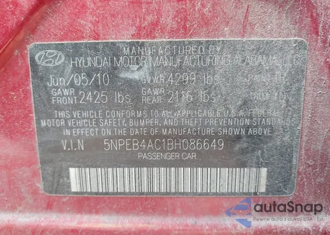 2011 Hyundai Sonata Gls from USA, damaged, VIN 5NPEB4AC1BH086649